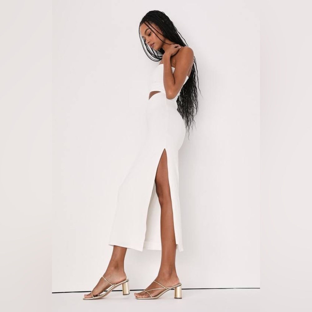 NWOT Lulu’s Spice Things Up Ivory Ribbed One-Shoulder Cutout Midi Dress